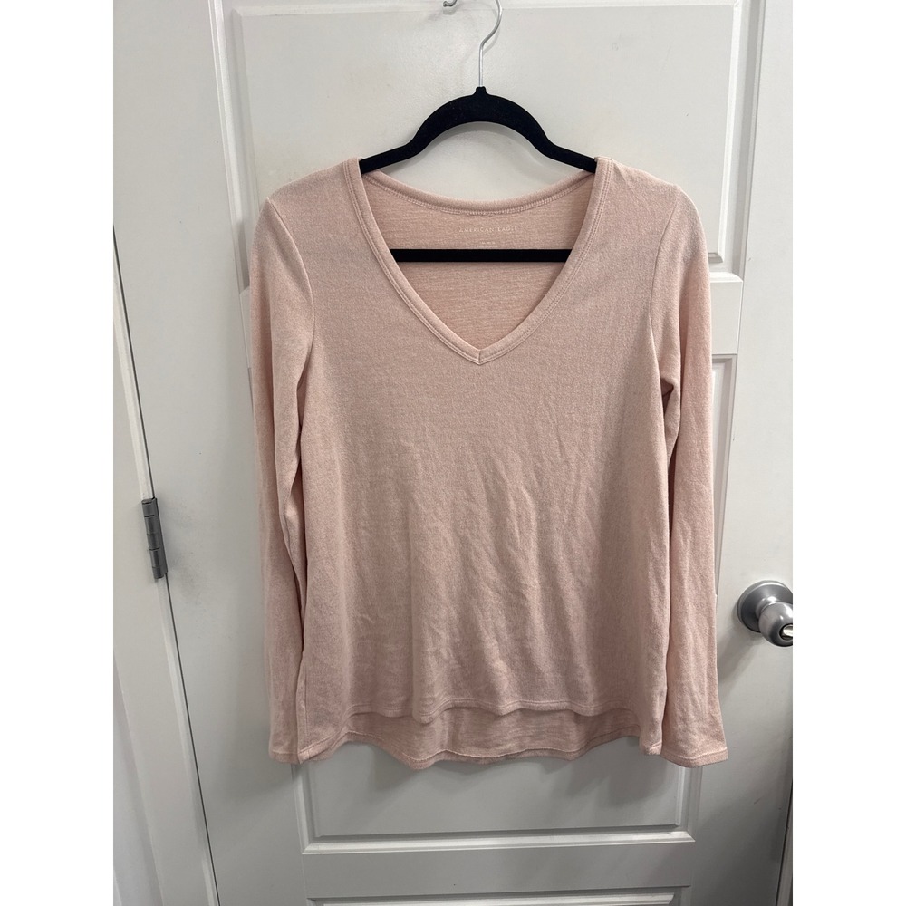 American Eagle Womens Long Sleeve V-Neck Top Blush Pink Heathered Knit Medium